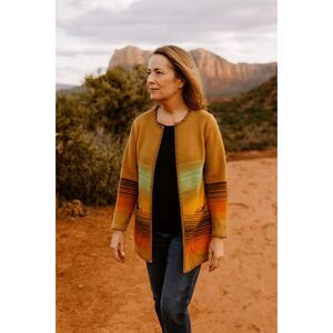 Denim & Co Cardigan S 100% Wool Caramel Multicolor Stripe Southwest Boho READ